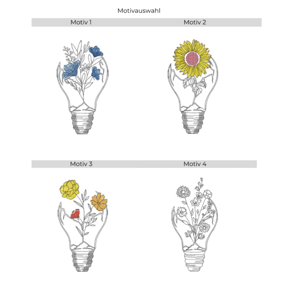 Lichtbeutel mit Blumen in Glühbirnen – Stickmotiv Übersicht mit vier verschiedenen Motiven