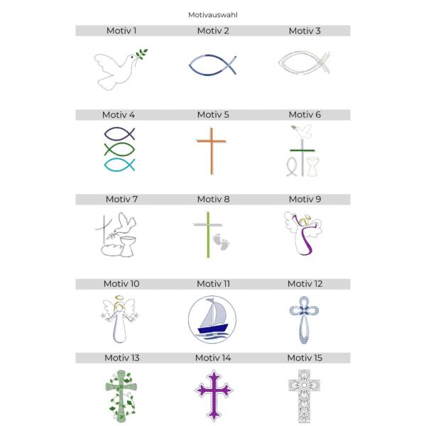 Lichtbeutel mit christlichen Motiven – Übersicht der Stickmotive 1 bis 15 (Taube, Fische, Kreuze, Engel, Schiff)