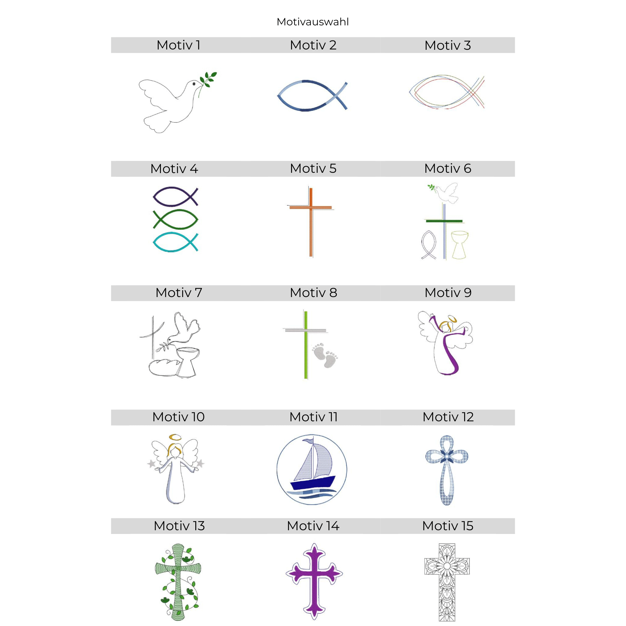 Lichtbeutel mit christlichen Motiven – Übersicht der Stickmotive 1 bis 15 (Taube, Fische, Kreuze, Engel, Schiff)