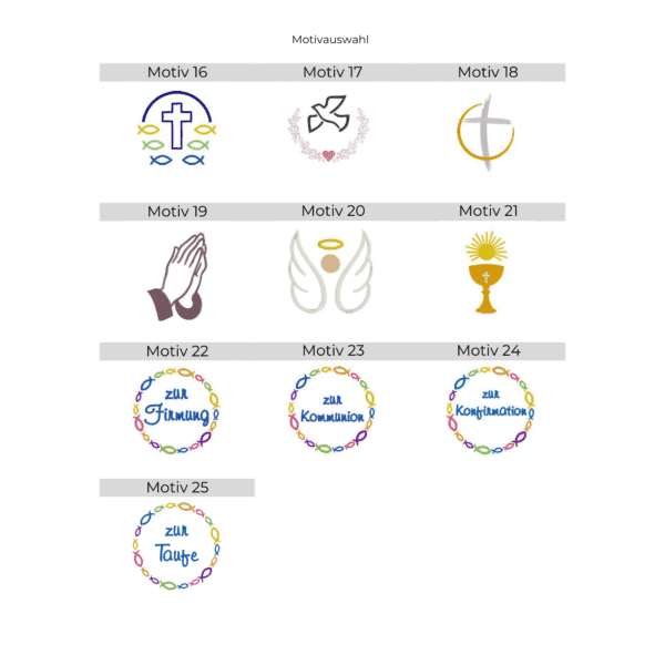 Lichtbeutel mit christlichen Motiven – Übersicht der Stickmotive 16 bis 25 (Kreuze, Taube, betende Hände, Engel, Kelch, Firmung, Kommunion, Konfirmation, Taufe)
