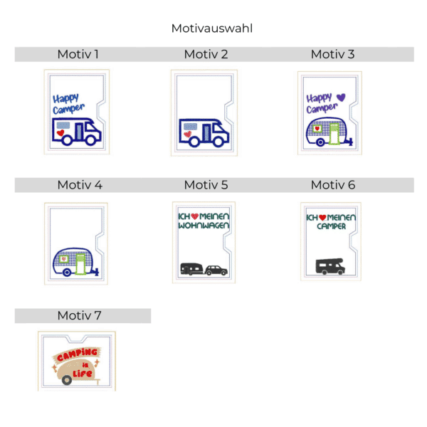 Stickmotiv Übersicht für personalisierte Camping KFZ-Scheinhülle mit verschiedenen Camper- und Wohnwagen-Designs zur Auswahl