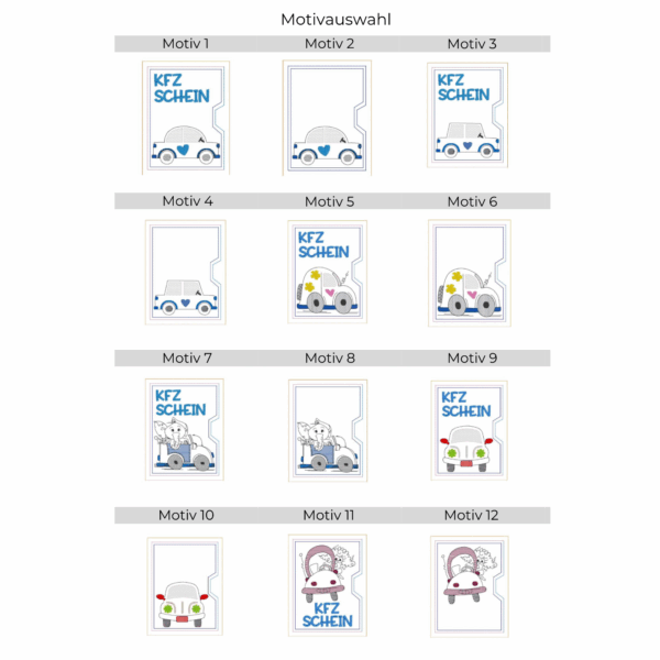 Übersicht mit 12 Stickmotiven für personalisierte KFZ-Scheinhülle aus Filz in verschiedenen Designs.