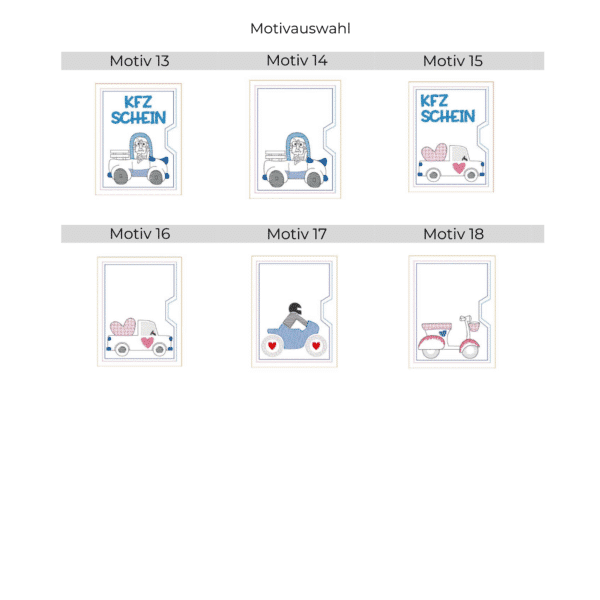 Übersicht mit 6 Stickmotiven für personalisierte KFZ-Scheinhülle aus Filz, von Auto bis Motorrad.