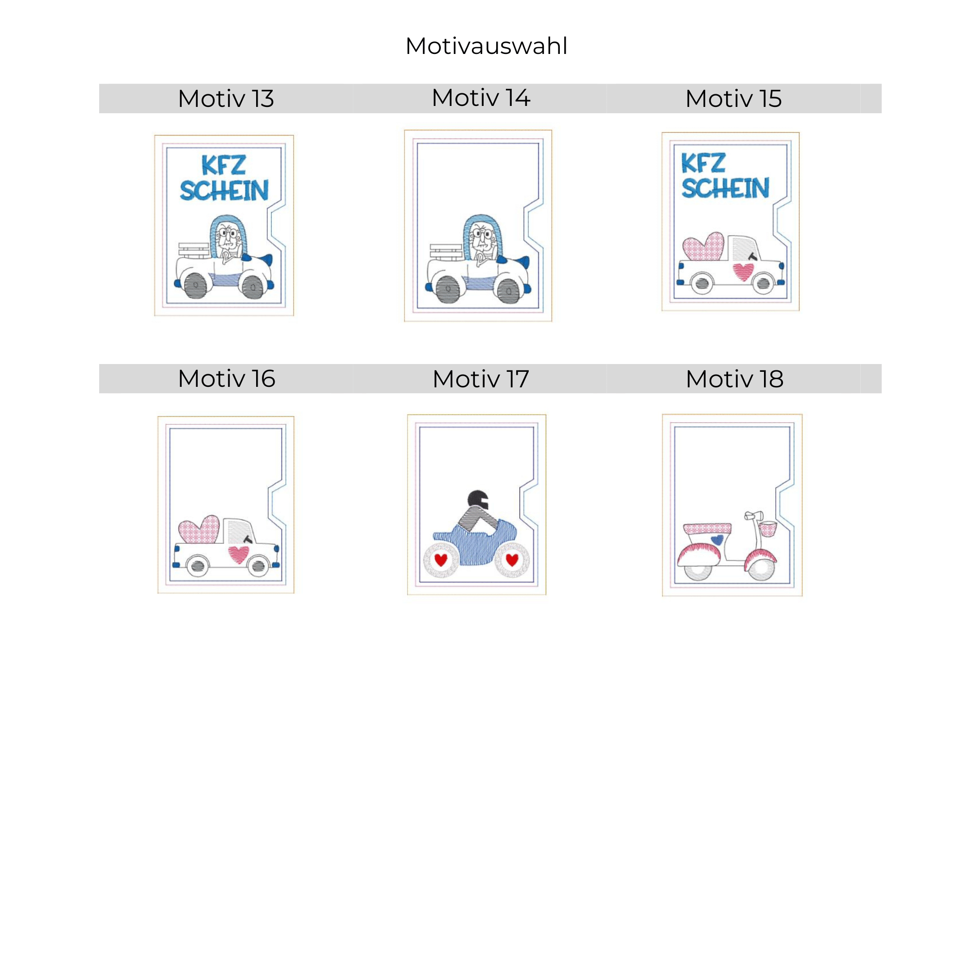 Übersicht mit 6 Stickmotiven für personalisierte KFZ-Scheinhülle aus Filz, von Auto bis Motorrad.