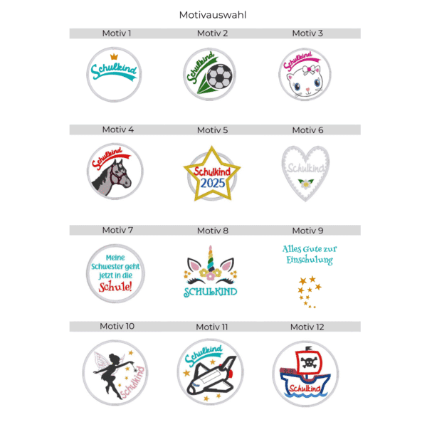 Übersicht aller Stickmotive für personalisierte Schultüte aus Filz – 12 Designs zur Auswahl