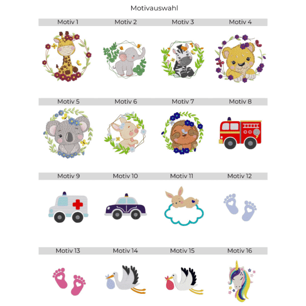 Übersicht Stickmotive für personalisiertes Kinderhandtuch mit Name und Motiv – Tiere, Fahrzeuge und Baby-Designs zur Auswahl.