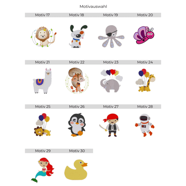 Übersicht Stickmotive für personalisiertes Kinderhandtuch mit Name und Motiv – Tiere, maritime Designs und Fantasiefiguren zur Auswahl.