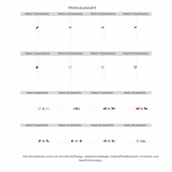 Übersicht aller Stickmotive für Pferde Schlüsselanhänger aus Filz oder Kunstleder in verschiedenen Designs