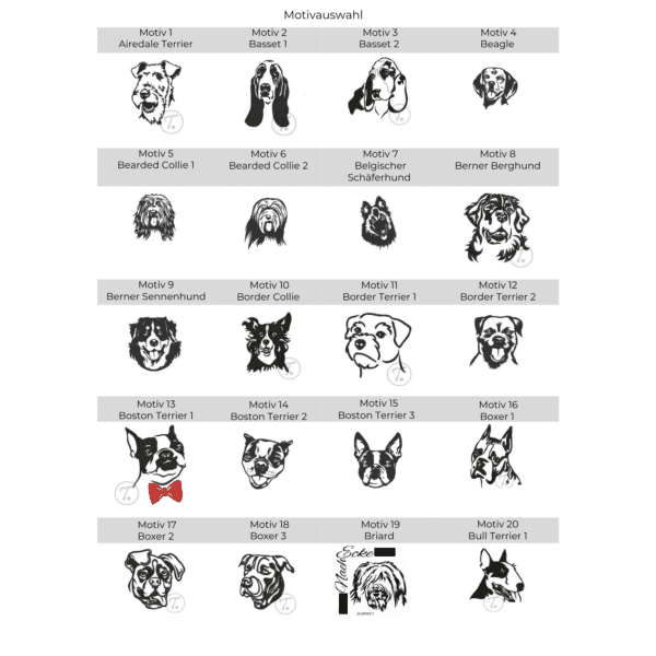 Stickmotiv-Auswahl für Pfotenhandtuch bestickt mit Hunderassenmotiv – von Airedale Terrier bis Bull Terrier, detailreiche Stickvorlagen