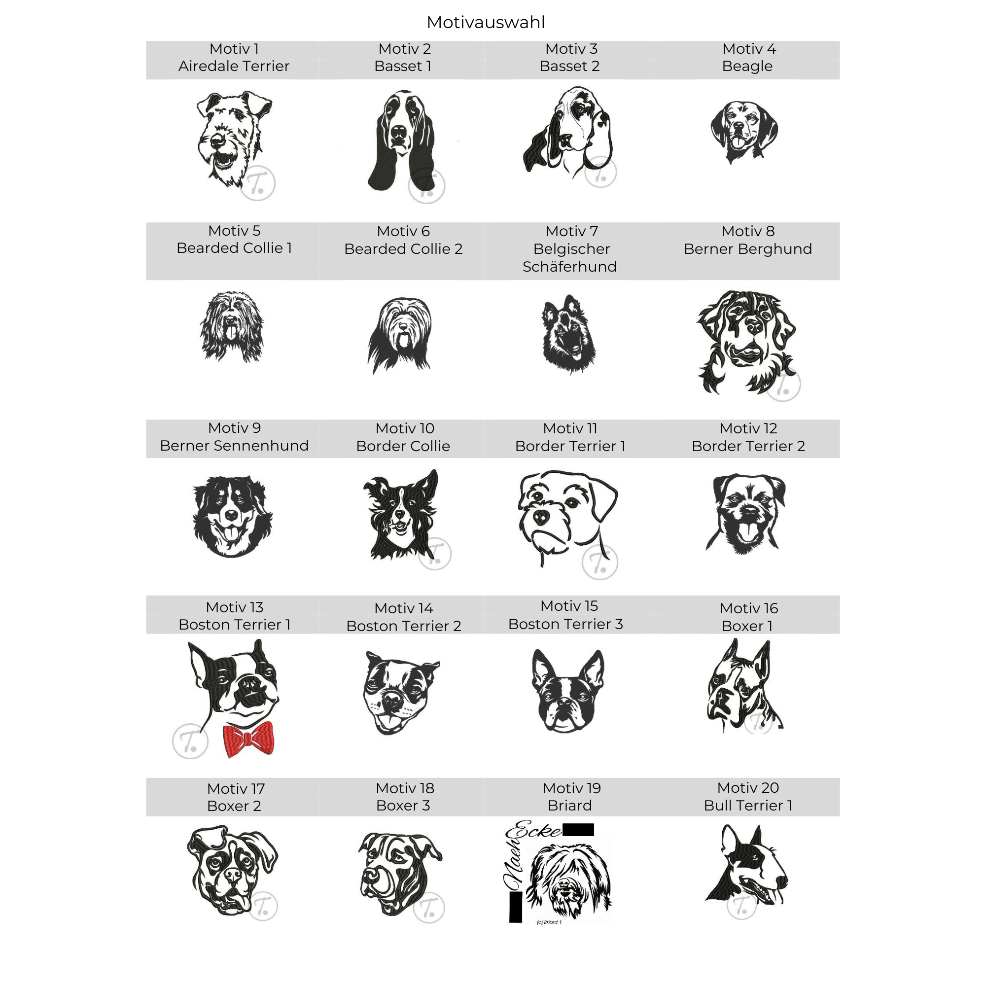 Stickmotiv-Auswahl für Pfotenhandtuch bestickt mit Hunderassenmotiv – von Airedale Terrier bis Bull Terrier, detailreiche Stickvorlagen