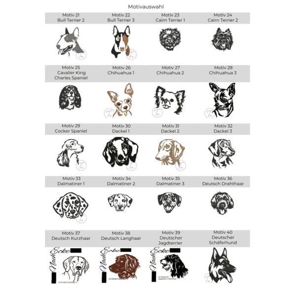 Stickmotiv-Auswahl für Pfotenhandtuch bestickt mit Hunderassenmotiv – von Bull Terrier über Chihuahua und Cocker Spaniel bis Dalmatiner