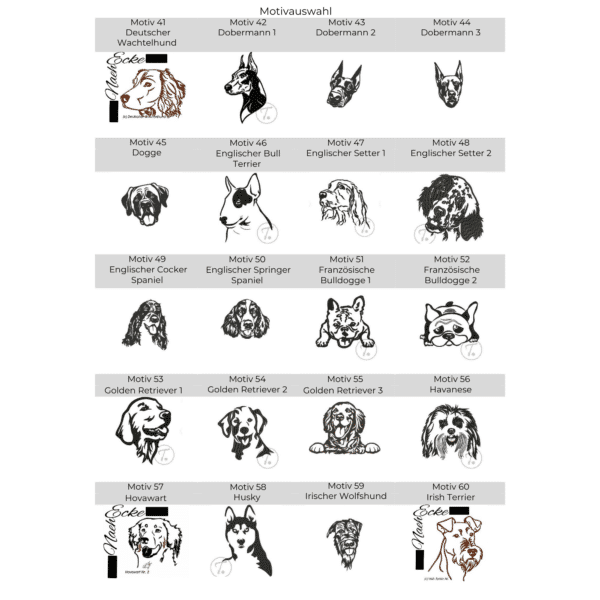Stickmotiv-Auswahl für Pfotenhandtuch bestickt mit Hunderassenmotiv – vom Deutschen Wachtelhund bis Golden Retriever