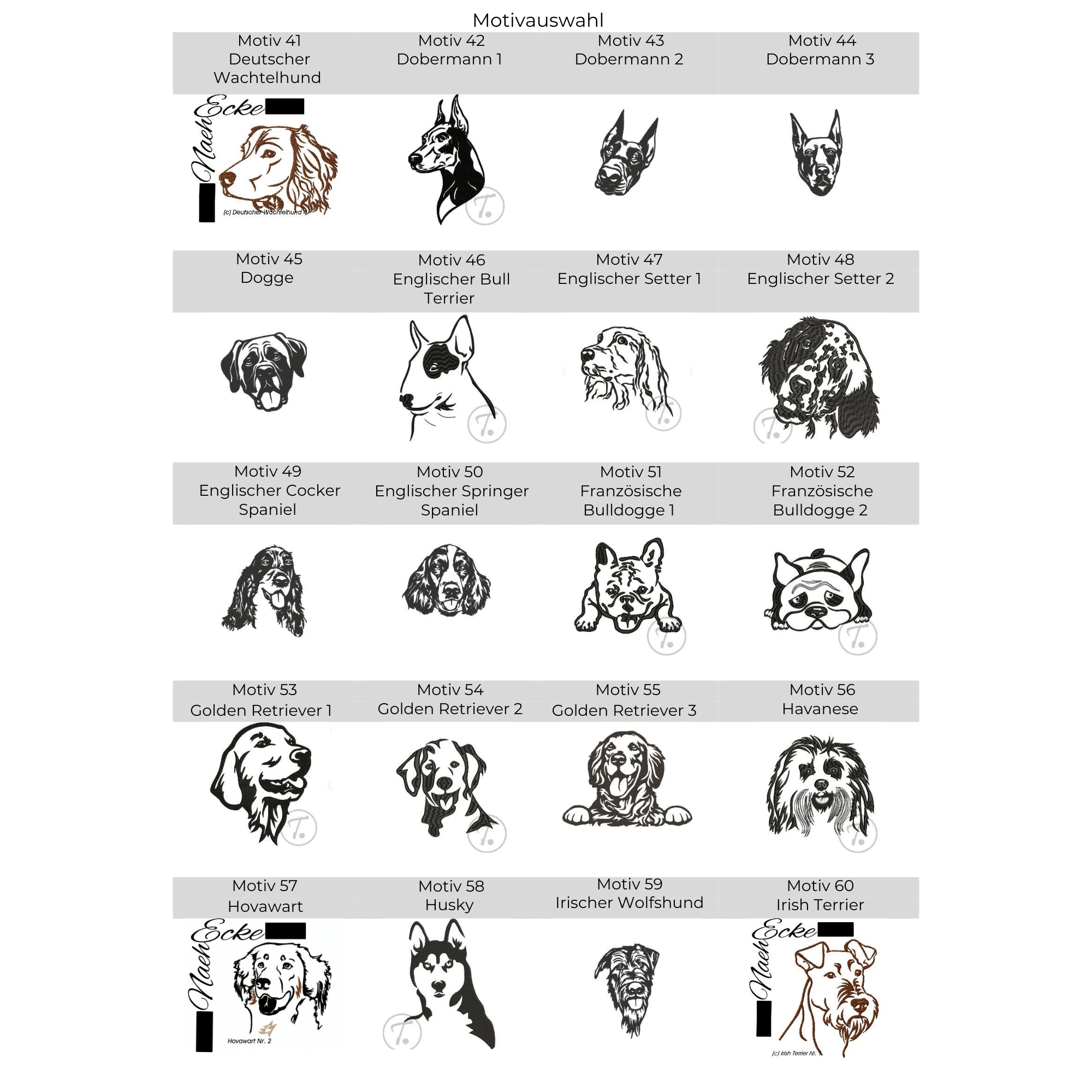 Stickmotiv-Auswahl für Pfotenhandtuch bestickt mit Hunderassenmotiv – vom Deutschen Wachtelhund bis Golden Retriever