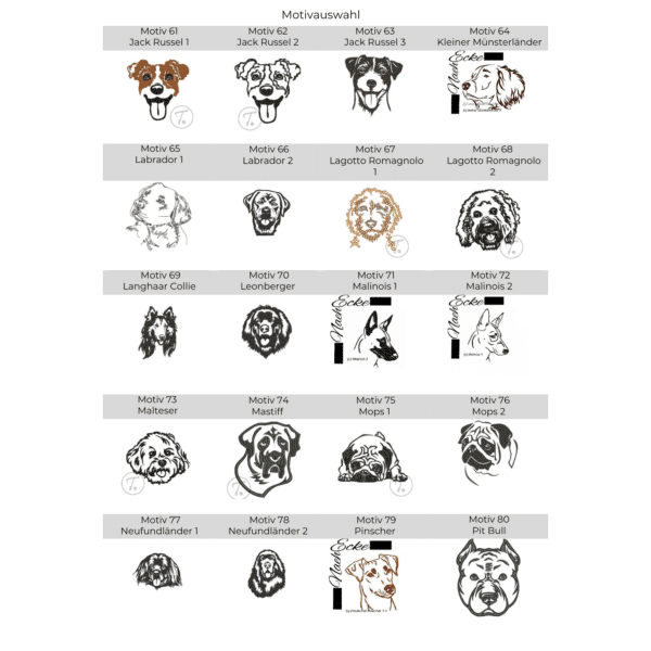 Stickmotiv-Auswahl für Pfotenhandtuch bestickt mit Hunderassenmotiv – von Jack Russel über Labrador und Mops bis Pit Bull