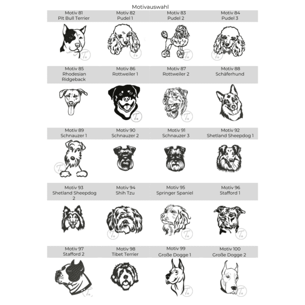 Stickmotiv-Auswahl für Pfotenhandtuch bestickt mit Hunderassenmotiv – von Pit Bull über Pudel und Rottweiler bis Staffordshire Terrier