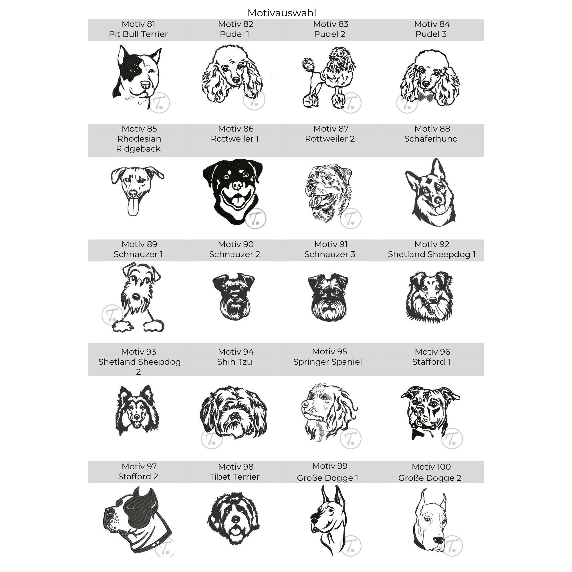 Stickmotiv-Auswahl für Pfotenhandtuch bestickt mit Hunderassenmotiv – von Pit Bull über Pudel und Rottweiler bis Staffordshire Terrier
