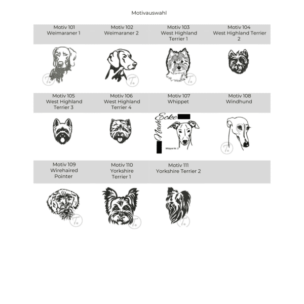 Stickmotiv-Auswahl für Pfotenhandtuch bestickt mit Hunderassenmotiv – von Weimaraner bis Yorkshire Terrier