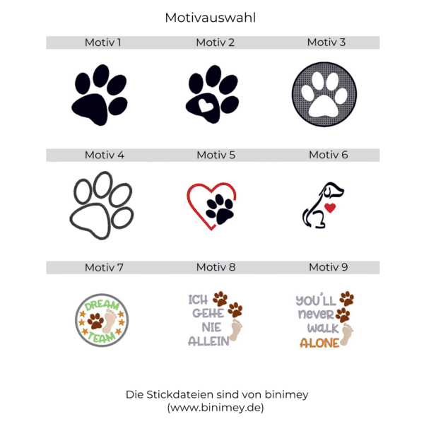 Übersicht aller Stickmotive für Pfotenhandtuch bestickt mit Name und Motiv – verschiedene Pfoten- und Herzdesign