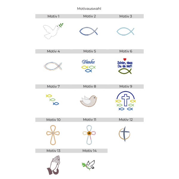 Teelichtcover mit christlichen Motiven – Übersicht aller Stickmotive mit Taube, Kreuz, Fischen und betenden Händen