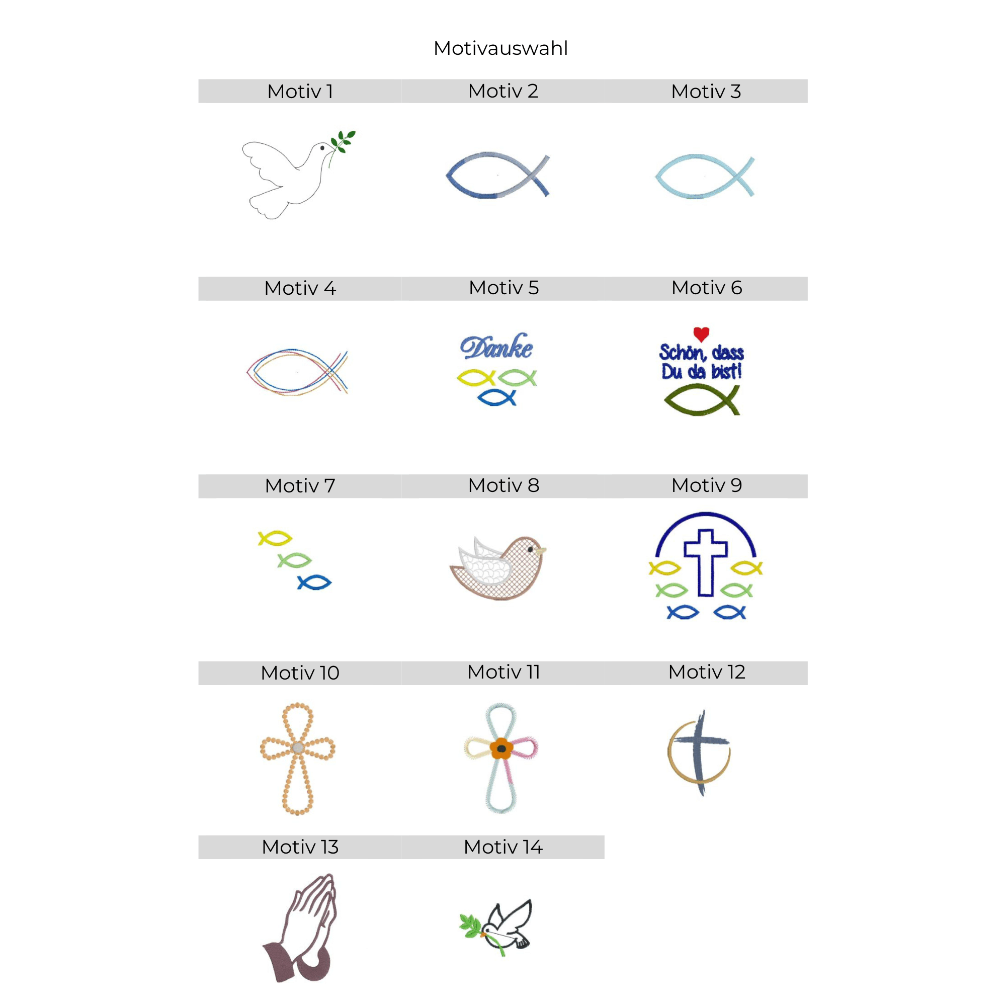 Teelichtcover mit christlichen Motiven – Übersicht aller Stickmotive mit Taube, Kreuz, Fischen und betenden Händen