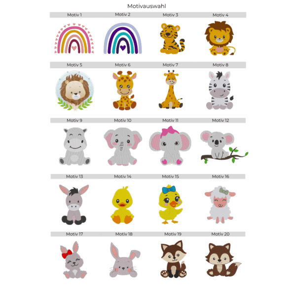 Übersicht verschiedener Stickmotive für U-Heft-Hüllen aus Filz, darunter ein Regenbogen, Elefant, Giraffe, Fuchs, Löwe und mehr.
