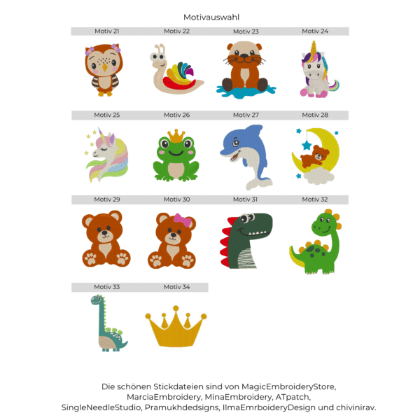 Übersicht verschiedener Stickmotive für U-Heft-Hüllen aus Filz, darunter ein Einhorn, Teddybären, Dinos und eine Krone