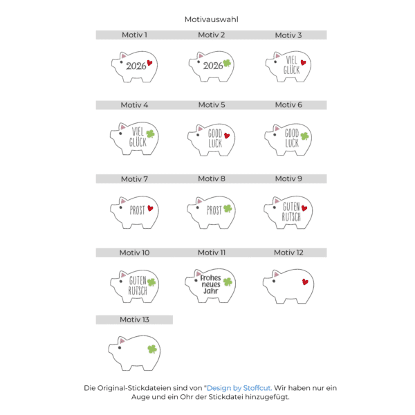 Stickmotiv-Übersicht Kleines Glücksschwein aus Microfaserplüsch mit 13 verschiedenen Motivvarianten.