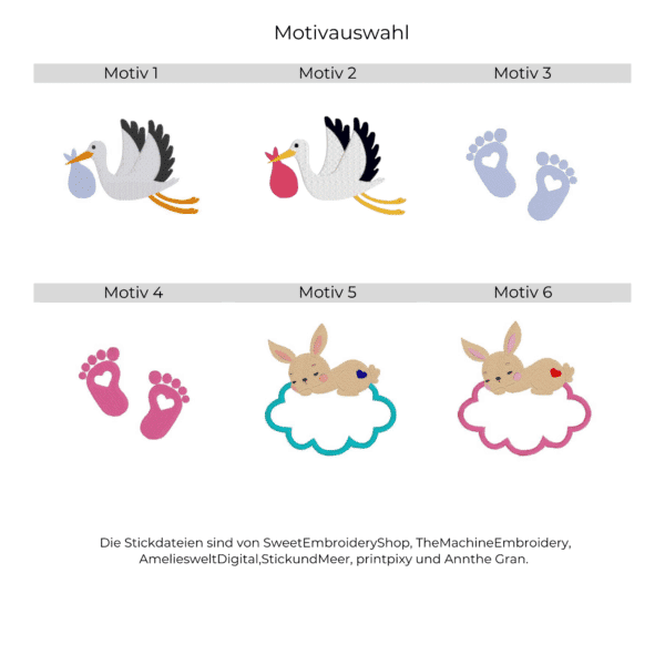 Übersicht der Stickmotive zur Auswahl für Erinnerungsrahmen zur Geburt mit Storch, Babyfüßen und Häschen