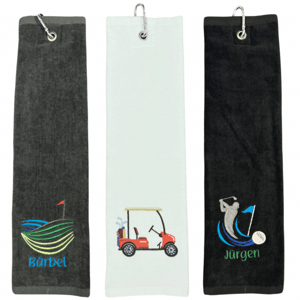 Golfhandtuch bestickt mit Name und Motiv – Beispiele mit drei Handtüchern mit Golfplatz, Golfcart und Golfer