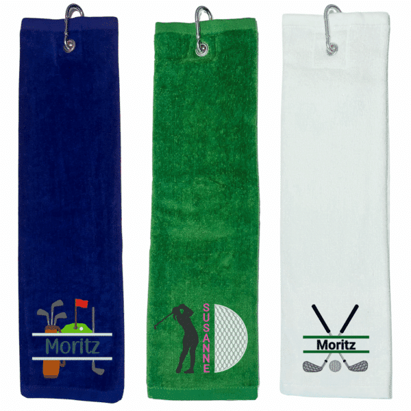 Golfhandtuch mit Golfschläger und Name – Vorschaubild von drei Golfhandtüchern als Beispiel