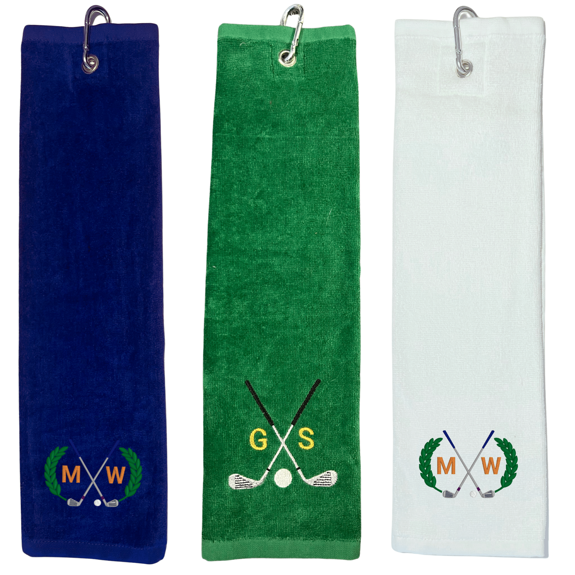 Vorschaubild vom Dreier-Set Golfhandtücher mit Motiv und Monogramm in Blau, Grün und Weiß