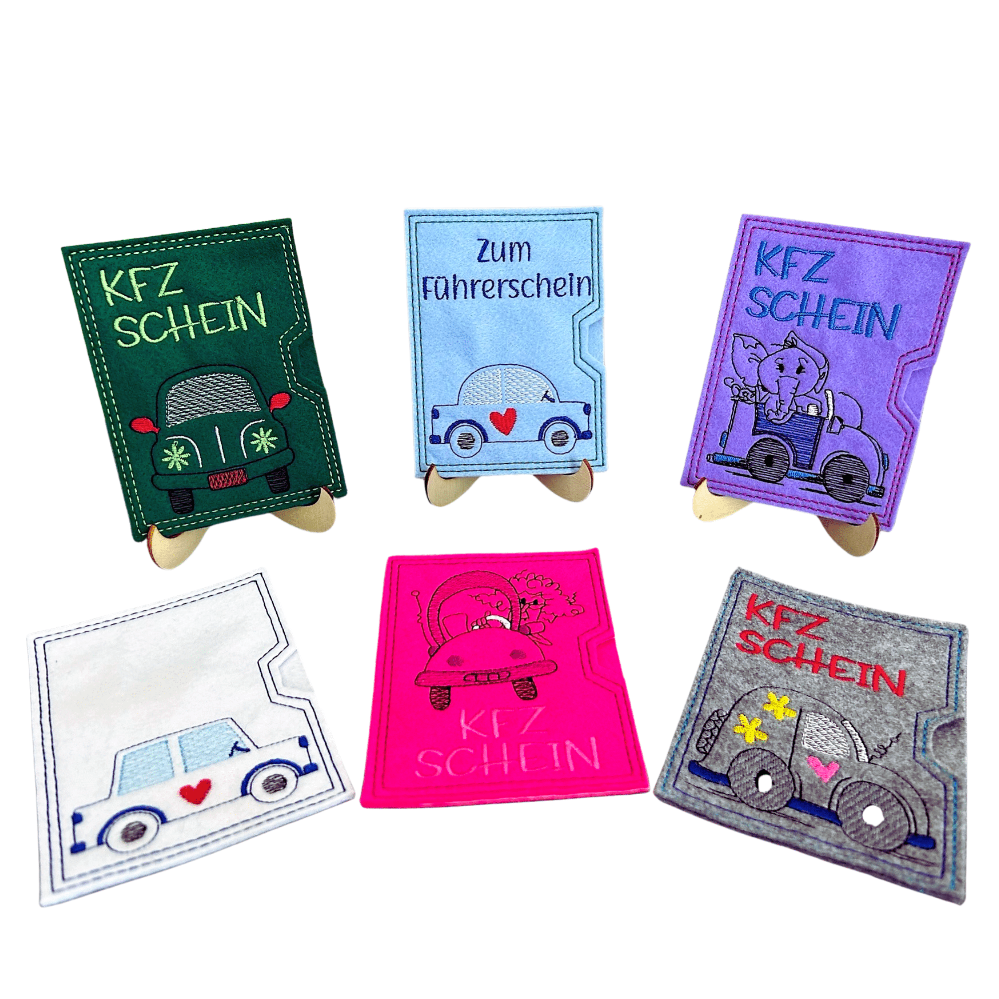 Personalisierte KFZ-Scheinhülle aus Filz in verschiedenen Farben und Designs, ideal als Geschenk oder für den eigenen Fahrzeugschein.