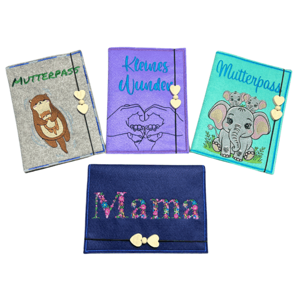 Personalisierte Mutterpasshülle aus Filz in verschiedenen Designs mit Elefant, Otter, Herzform-Händen und Mama-Schriftzug als liebevolles Schwangerschaftsgeschenk