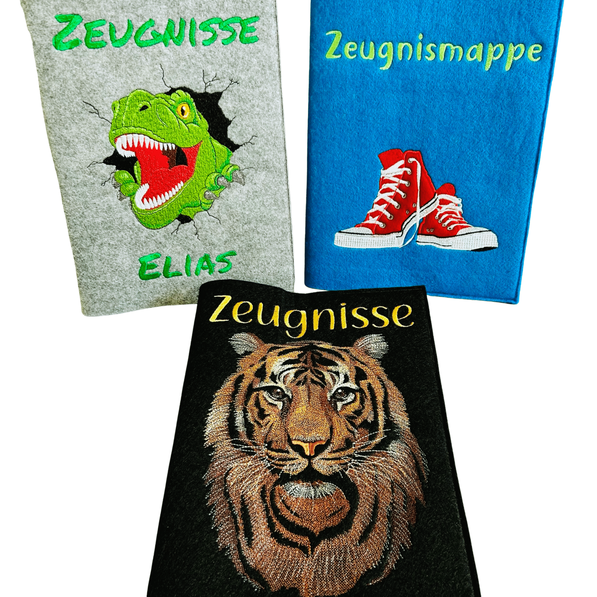 Personalisierte Zeugnismappe aus Filz mit Dino- und Turnschuh-Design in verschiedenen Farben