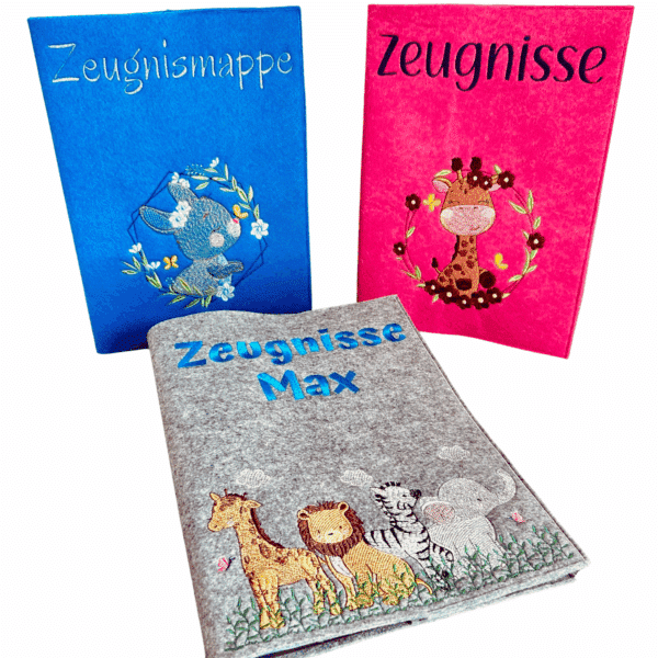 Personalisierte Zeugnismappe für Kinder mit bunten Tiermotiven, ideal zur Aufbewahrung von Zeugnissen.