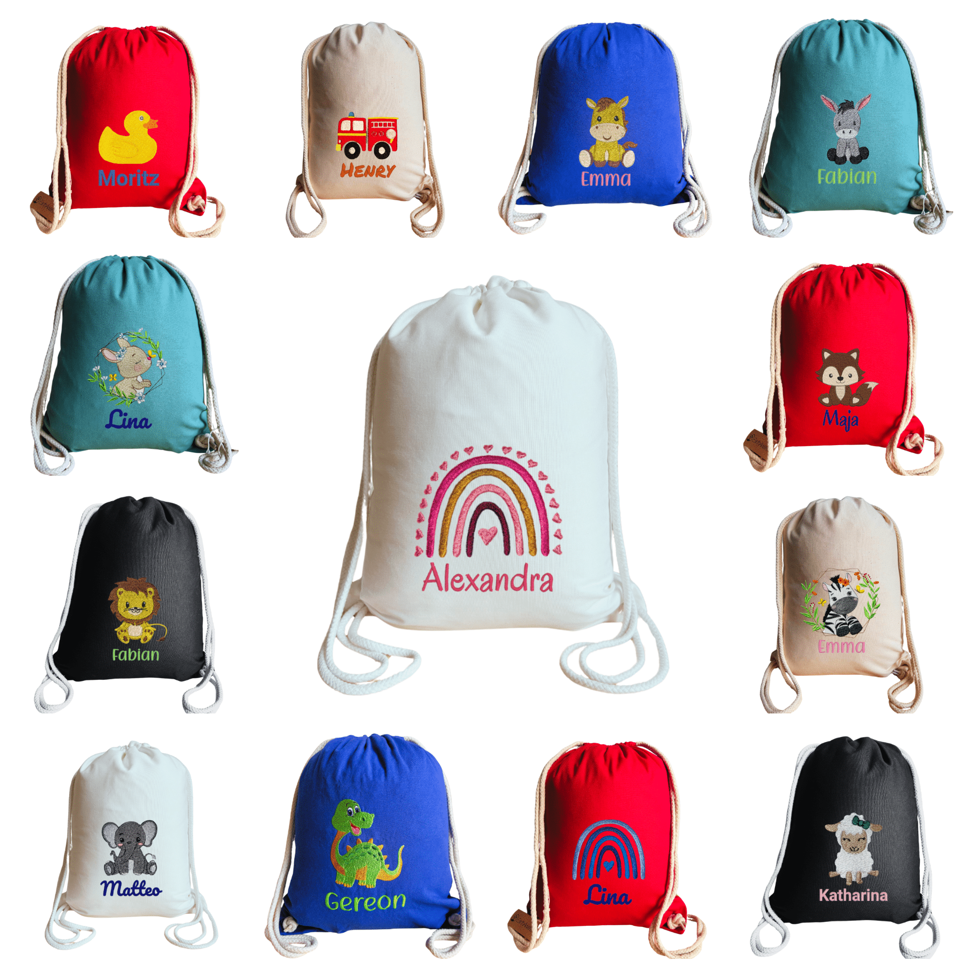 Personalisierter und bestickter Bio-Turnbeutel für Kinder – Übersicht verschiedener Farben und Stickmotive