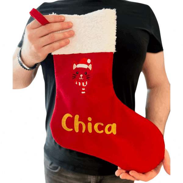 Personalisierter XXL-Adventsstiefel für Katzen mit goldenem Namensstick „Chica“ in Hand gehalten