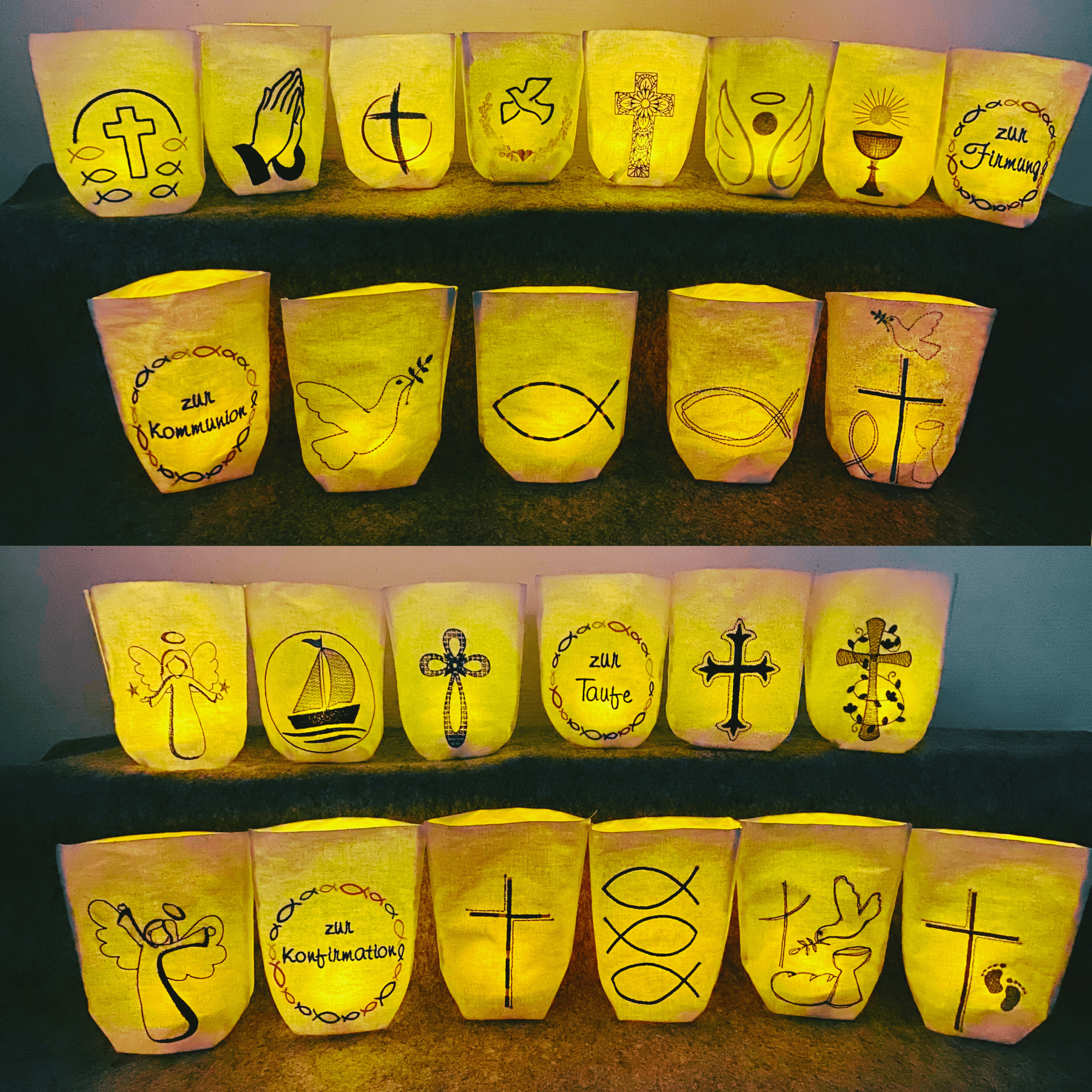 Lichtbeutel mit christlichen Motiven – bestickte Übersicht mit Kreuz, Taube, Kelch und weiteren Symbolen