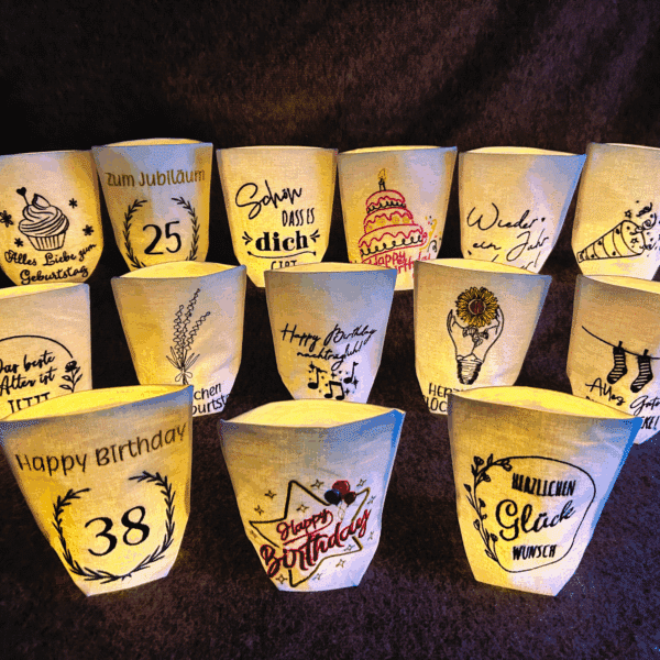 Lichtbeutel zum Geburtstag – Stickmotive Übersicht mit verschiedenen Designs wie Torte, Zahlen, Glückwunsch und Jubiläum