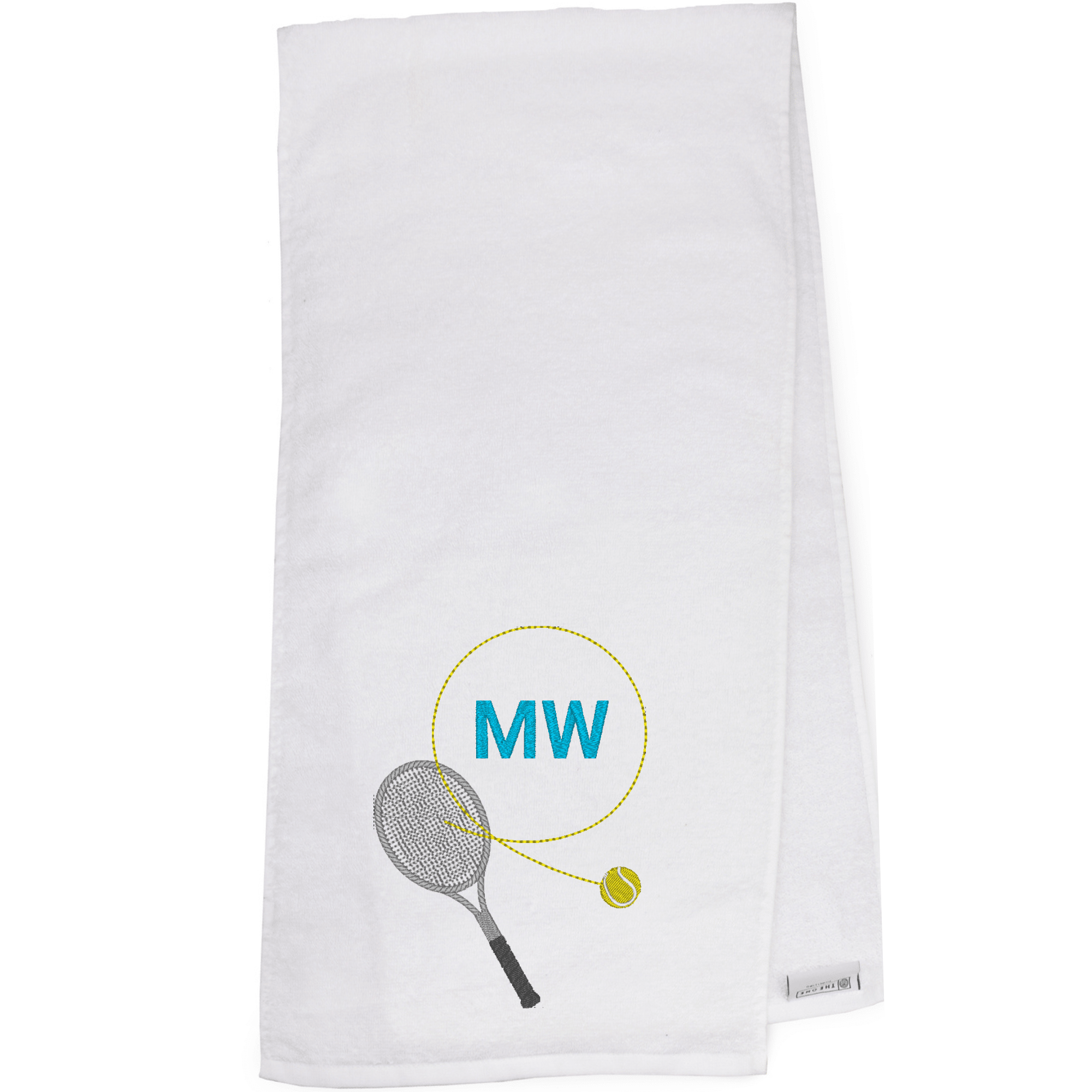 Tennishandtuch mit Motiv & Monogramm: Weißes Tennishandtuch mit gesticktem Tennisschläger, Tennisball und den Initialen "MW"