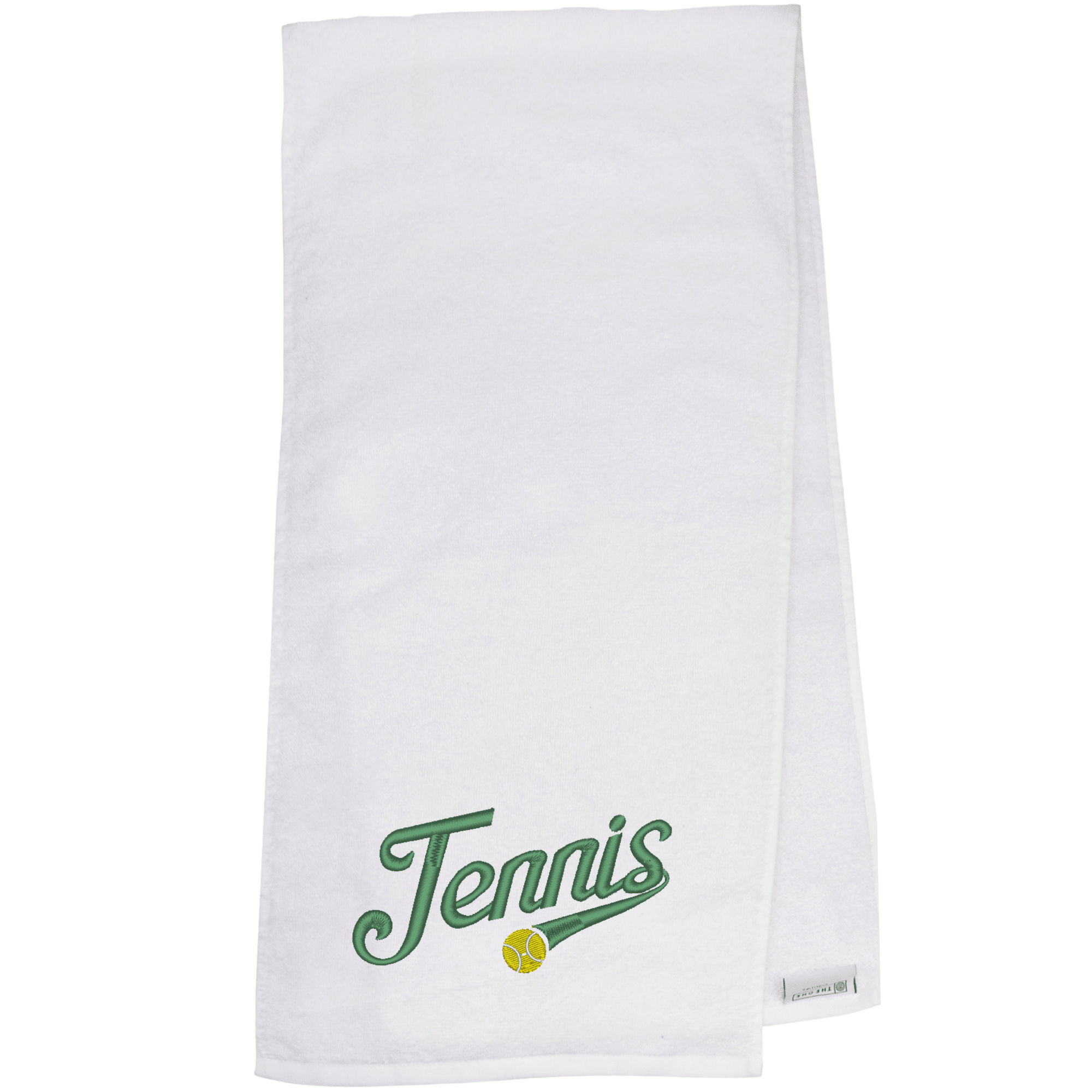 Tennishandtuch mit Motiv & Name: Weißes Tennishandtuch mit grünem "Tennis"-Schriftzug und gesticktem Tennisball