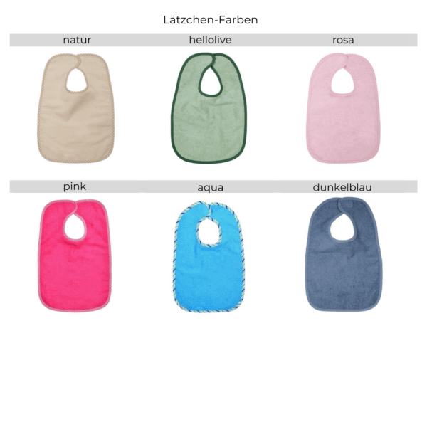 Sechs Baby-Lätzchen in verschiedenen Farben auf weißem Hintergrund.