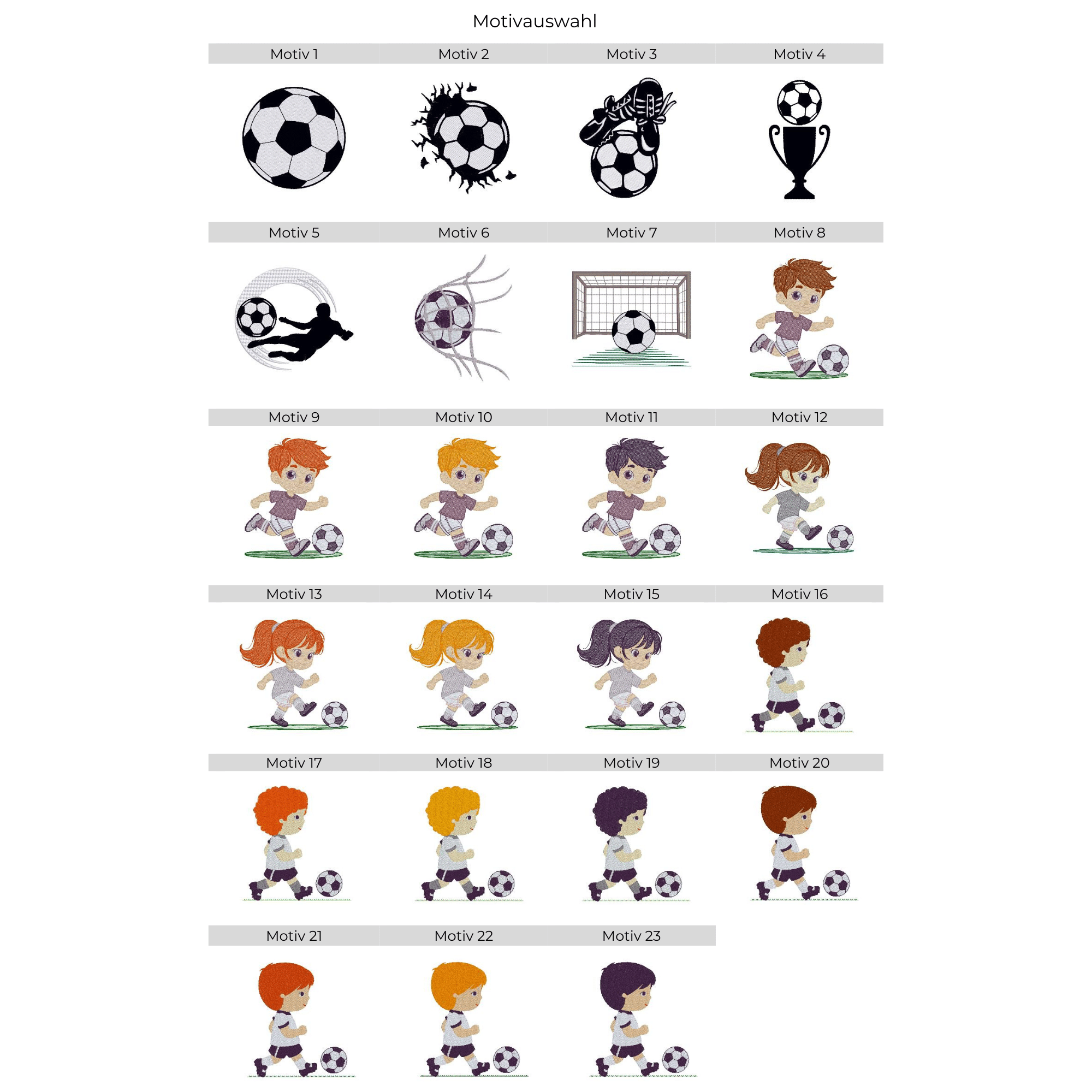 Fußballhandtuch mit Kinder-Motiv und Name – Übersicht aller Stickmotive