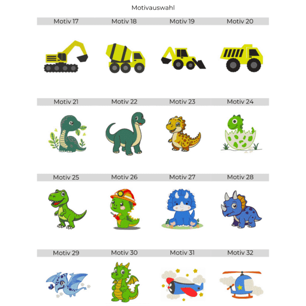 Stickmotiv Übersicht für personalisiertes Kinderhandtuch mit Motiv und Name – Dinosaurier, Baufahrzeuge, Drachen und Flugzeuge.