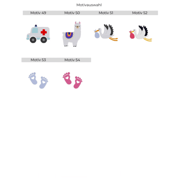 Stickmotiv Übersicht für personalisiertes Kinderhandtuch mit Motiv und Name – Lama, Störche und Füße