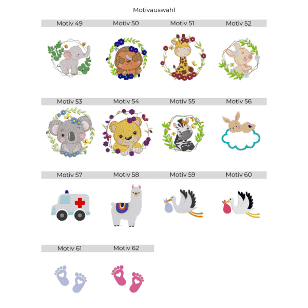 Stickmotiv Übersicht für personalisiertes Kinderhandtuch mit Motiv und Name – Safari Tiere, Babytiere, Lamas und Störche