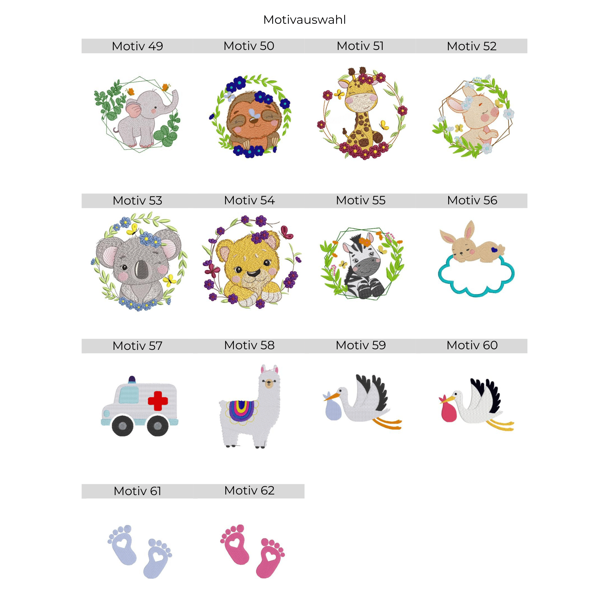 Stickmotiv Übersicht für personalisiertes Kinderhandtuch mit Motiv und Name – Safari Tiere, Babytiere, Lamas und Störche