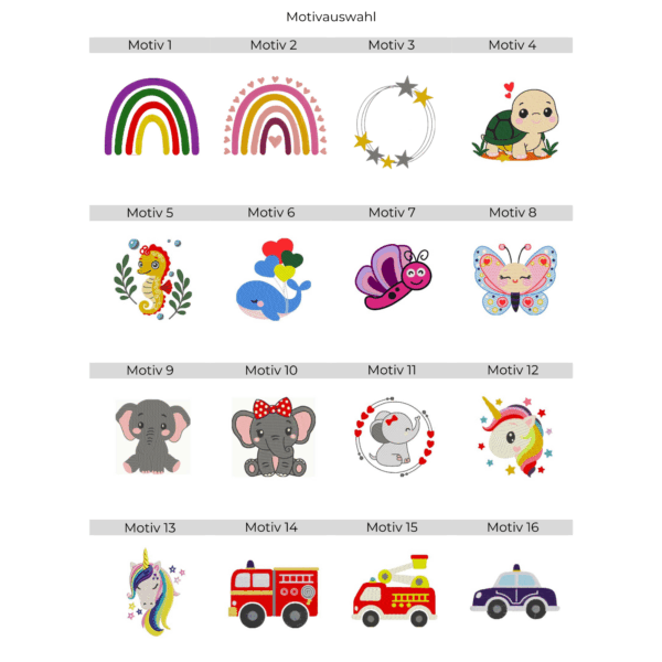 Stickmotiv Übersicht für personalisiertes Kinderhandtuch mit Motiv und Name – bunte Tiere, Regenbogen, Feuerwehr und Fahrzeuge