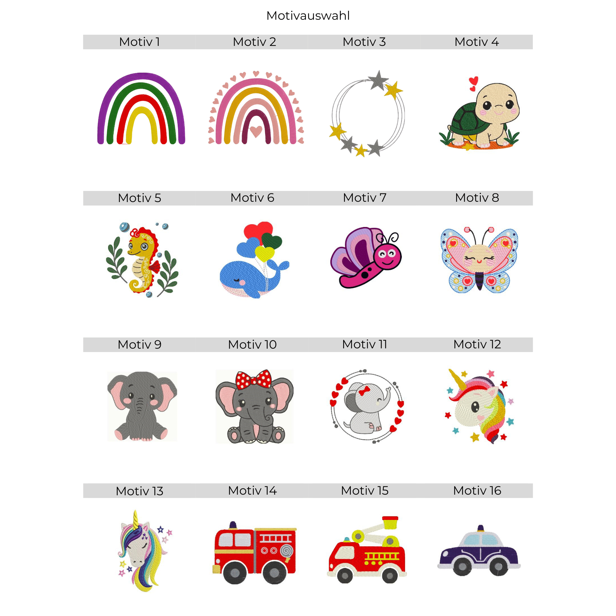 Stickmotiv Übersicht für personalisiertes Kinderhandtuch mit Motiv und Name – bunte Tiere, Regenbogen, Feuerwehr und Fahrzeuge