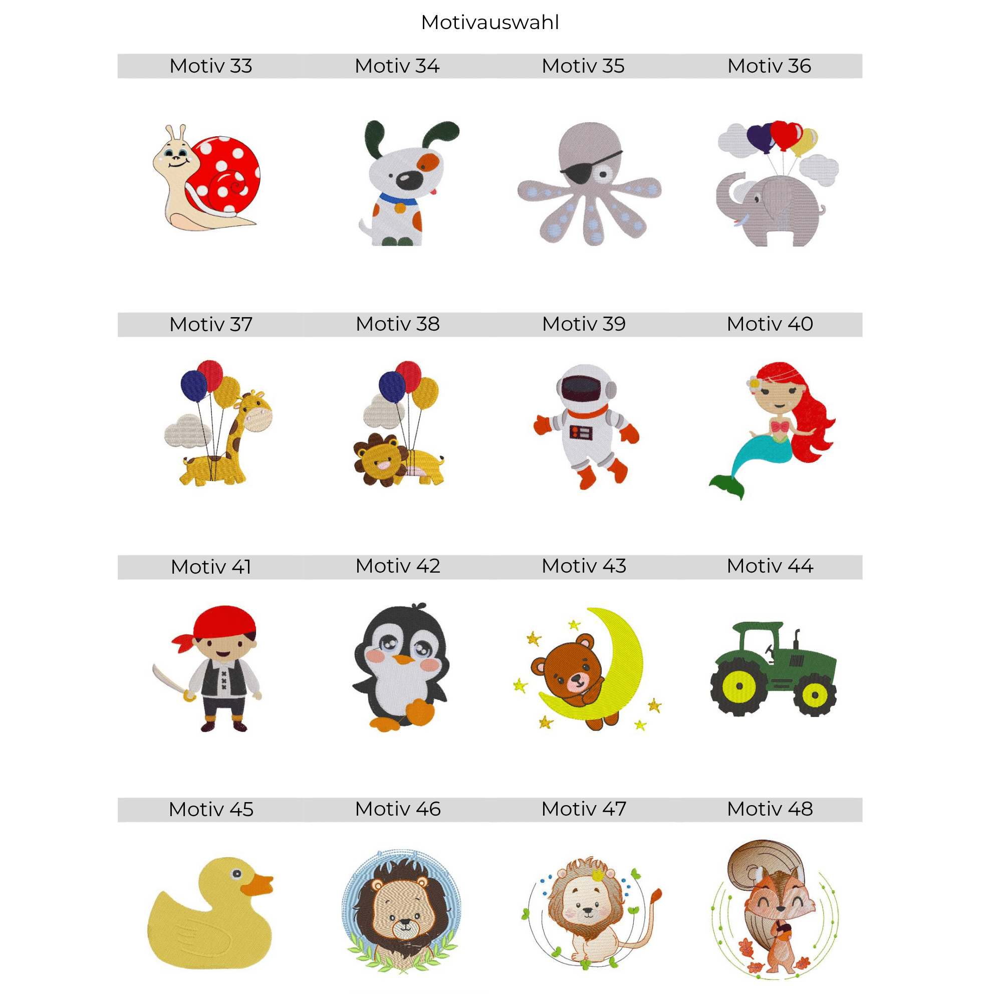 Stickmotiv Übersicht für personalisiertes Kinderhandtuch mit Motiv und Name – Tiere, Weltraum, Meerjungfrau, Pirat und Fahrzeuge